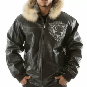Pelle Pelle Black PP Crest Fur Hood Leather Jacket | Pelle Pelle Jacket view 2