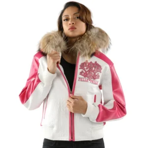 Pelle Pelle White Pink Women Leather Jacket | Fur Hood view 4