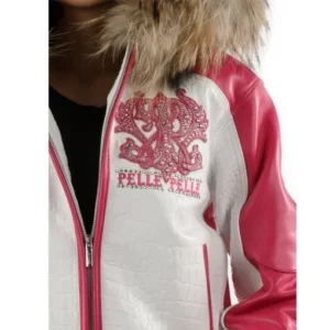 Pelle Pelle White Pink Women Leather Jacket | Fur Hood view 2